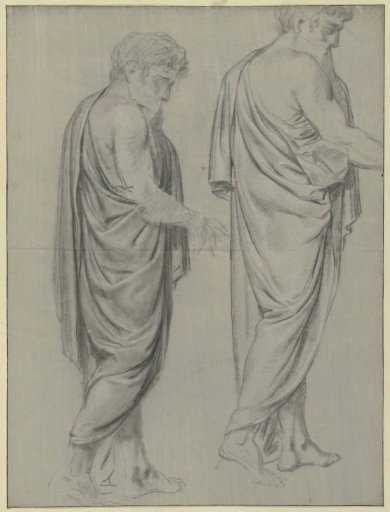 Two drapery studies of a walking man, to the right