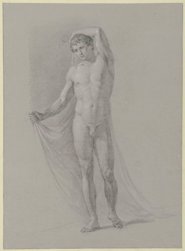 Standing male nude, holding a cloth behind his back, from the front