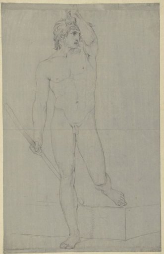 Standing male nude, with a staff, left foot on a block