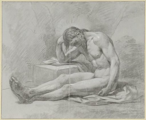Seated male nude, on the ground, with the right arm leaning on a block