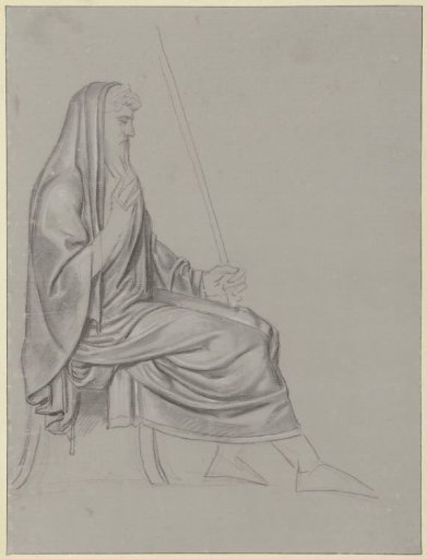 Drapery study of a seated man with a staff, facing right
