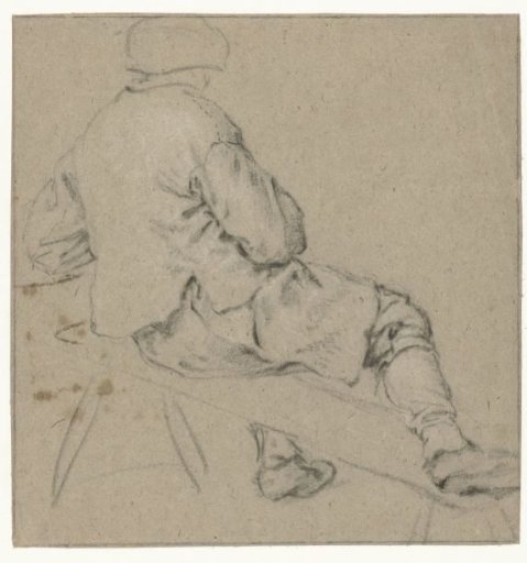 Seated peasant, seen from behind, with a leg on the bench