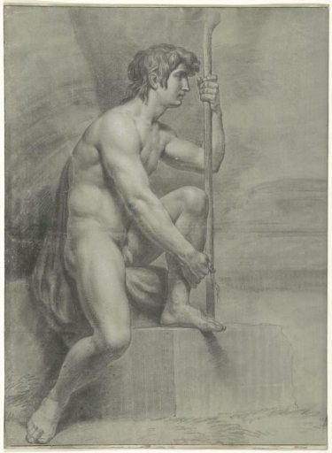 Seated male nude with staff and raised left leg