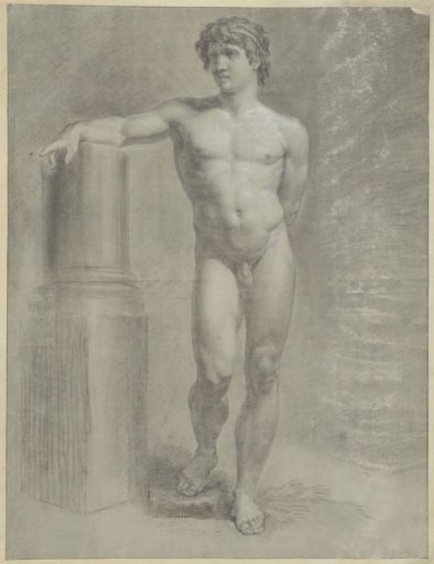 Standing male nude, right arm on a broken column, from the front