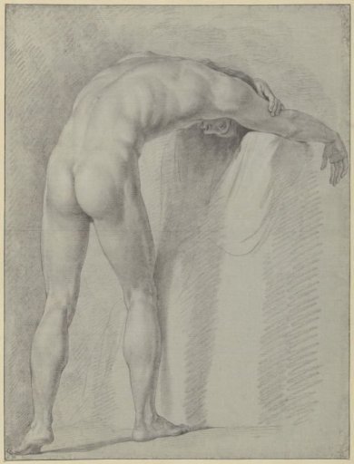 Standing male nude, bending forward, seen from the back