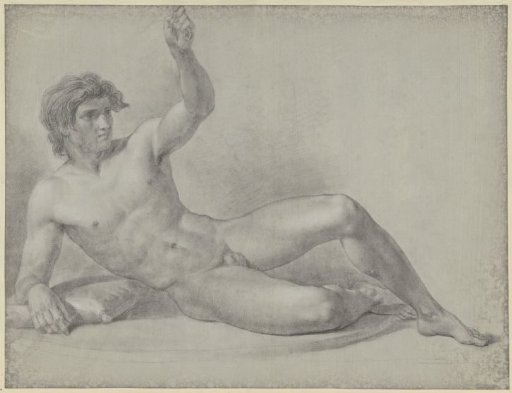 Lying male nude, half-sitting, leaning on the right arm