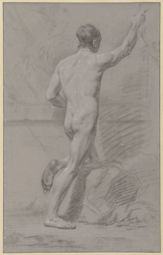 Standing male nude, left knee on a rock, right arm raised