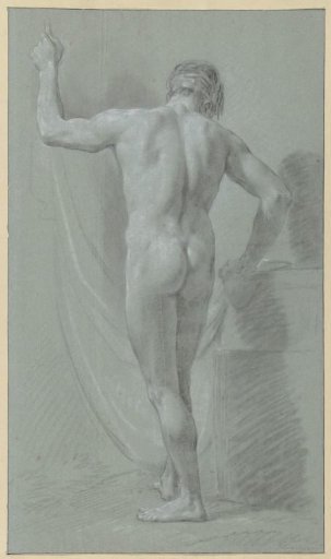 Standing male nude before a curtain, seen from the back