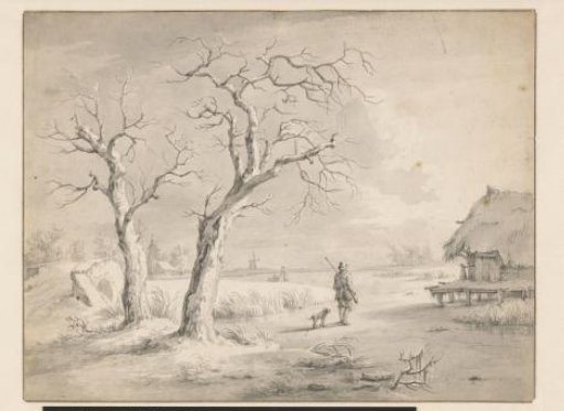 Winter landscape with a hunter on the ice