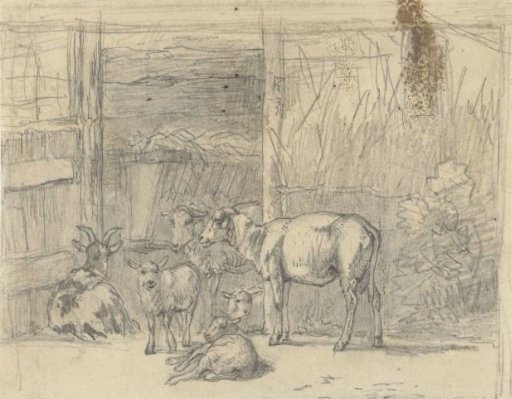 Sheep and a goat in front of a stable