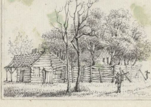 Cottages with wooden fence between trees