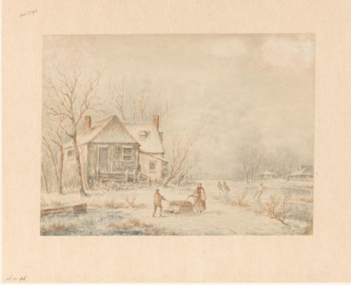 Winter view with two persons with a sled and some skaters