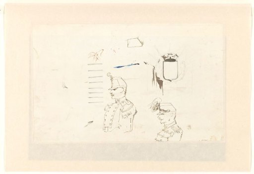 Sketch sheet with two studies of a soldier and a sketch of a weapon