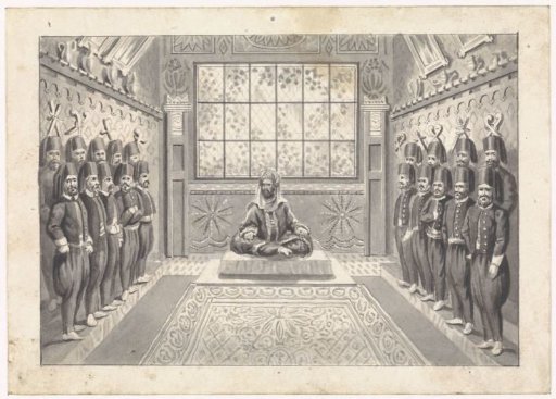 Turkish prince with his guard in a hall