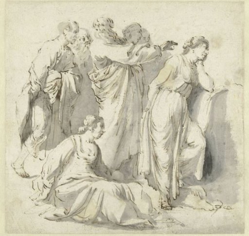 Group of people in antique clothing, looking to the right