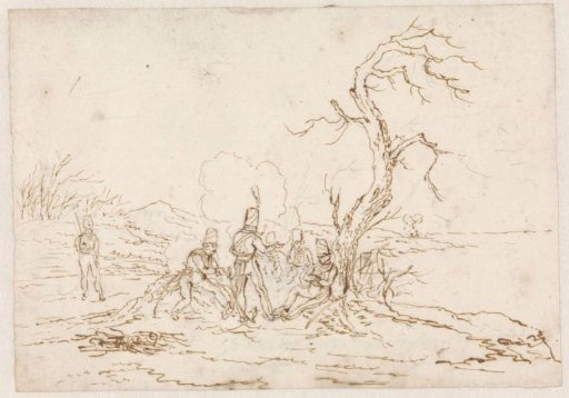 Soldiers around a campfire under a leafless tree