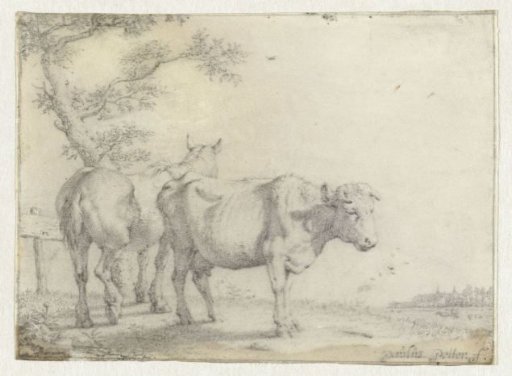 Landscape with a Horse and a Cow next to a Tree