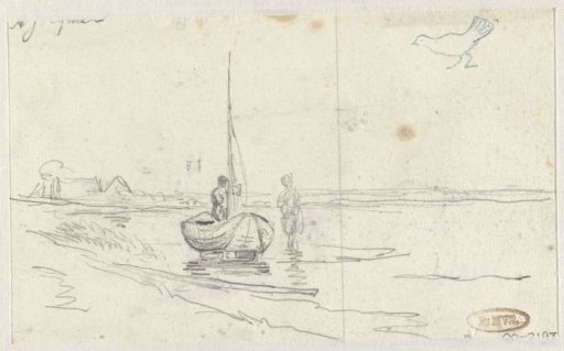 Riverbank with two figures near a boat