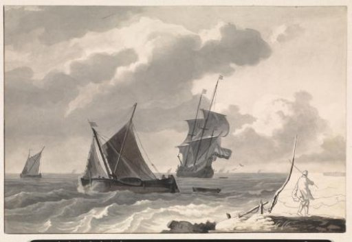 Sailing ships on rough water off the coast
