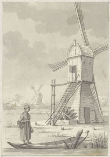 Woman Standing on a Small Boat before a Windmill