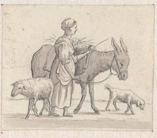 Woman with Donkey, Sheep and Dog