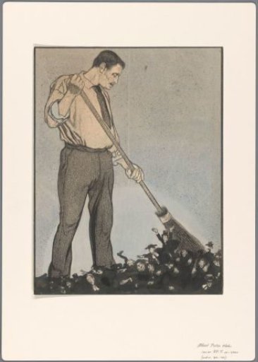 Worker sweeping away the black sludge