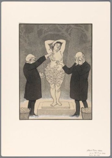 Design for a political cartoon: two gentlemen covering a standing naked woman with fig leaves