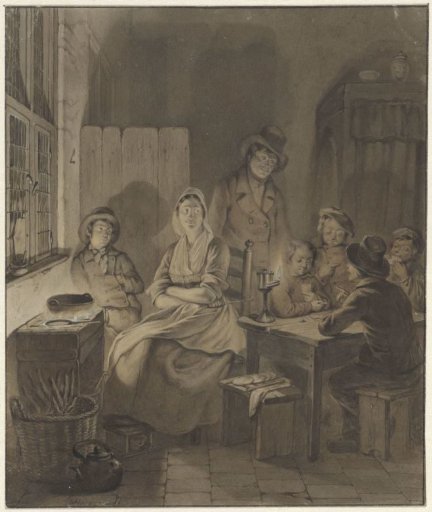 Interior with a group of people around a table by candlelight