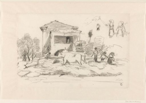 Threshing of grain, in front of a building