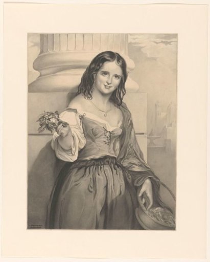 Flower seller, standing before a pillar
