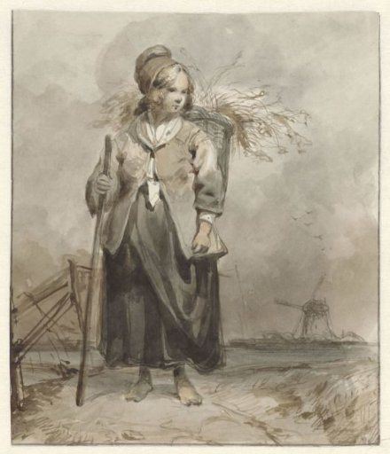 Standing woman with staff and basket on her back