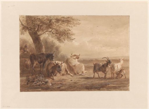 Cattle under a tree and a man with a basket