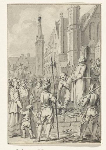 Jan de Bakker, priest at Woerden, strangled and burned at the Binnenhof in The Hague for heresy, 1525