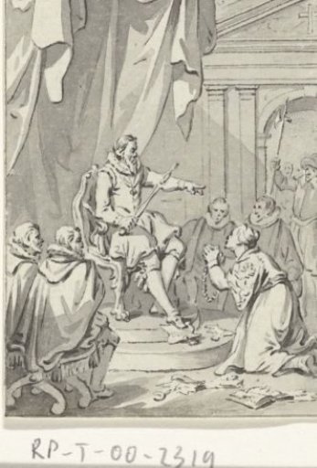 Allegory on the introduction of the tenth penny; the Dutch maiden kneeling before Alva amidst torn privileges, 1571