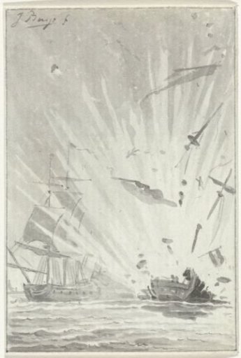 Explosion of the Dutch privateer ship De Dappere Patriot in combat with the English ship Kameleon, 14 August 1781