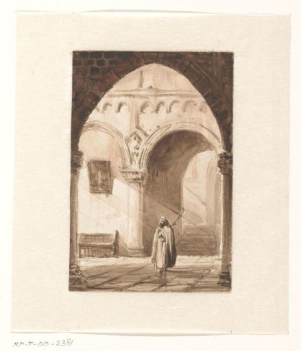 Interior of a church with a monk