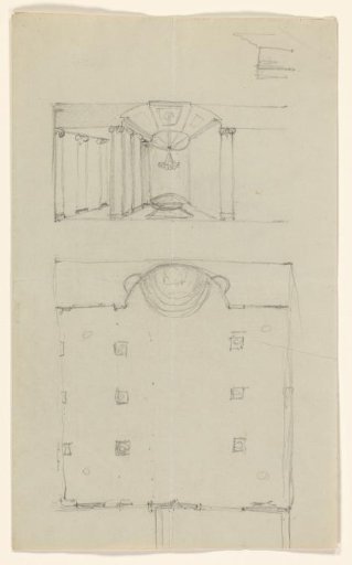 Interior and floor plan of a building, possibly a church or temple