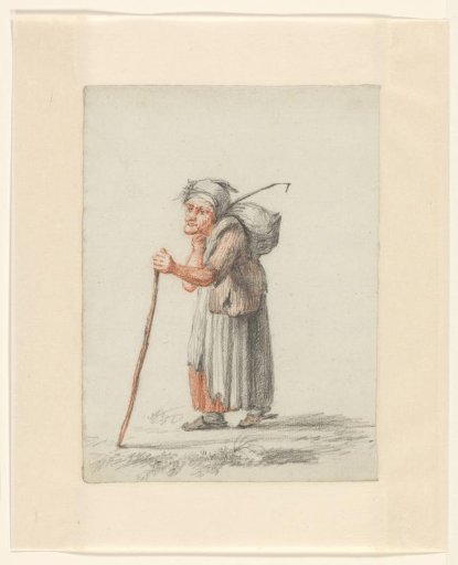 Standing old woman with a knapsack and walking stick
