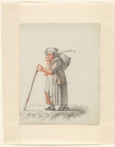 Standing old woman with a knapsack and walking stick