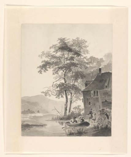 River landscape with travellers in a boat moored at a house