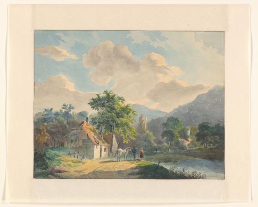 Mountain landscape with houses by a river