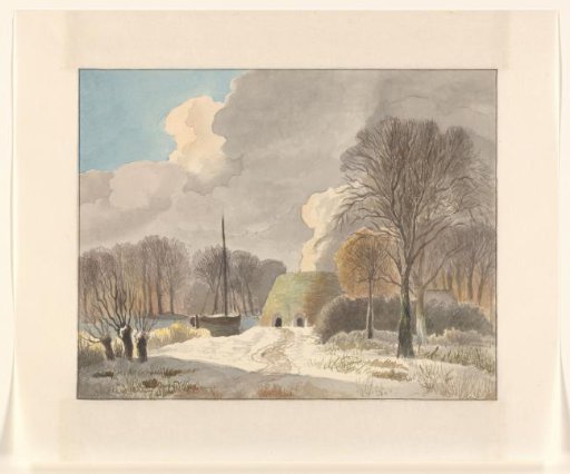 Winter landscape with a burning lime kiln