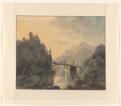 Mountain landscape with wooden bridge over a river