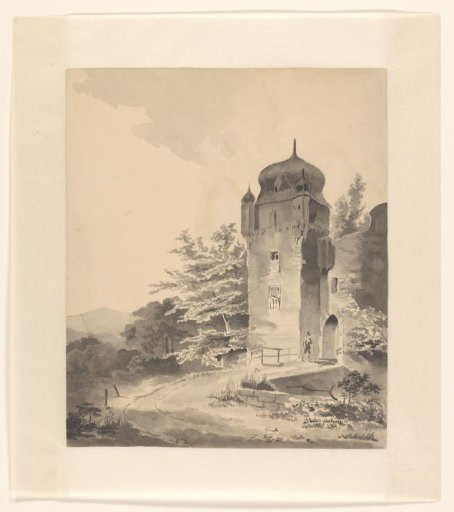 Mountain landscape with walker near a tower