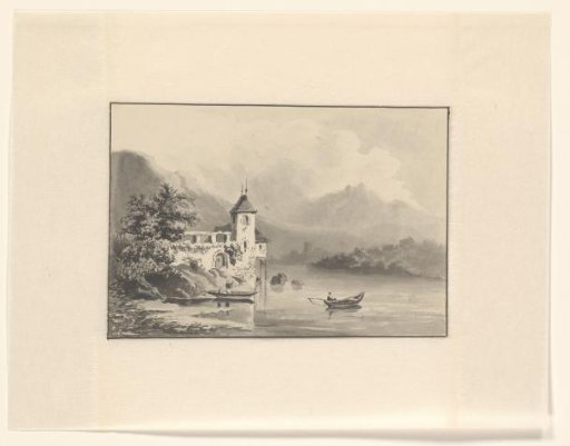 Mountain landscape with a ruin by the water