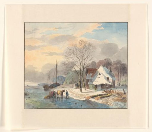 Winter landscape with farm and lime kiln by a river