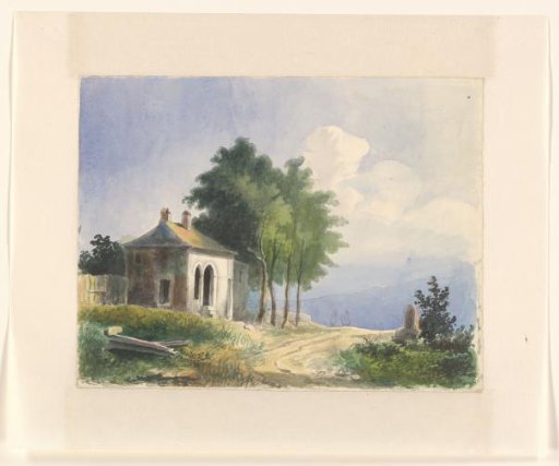 Landscape with a building and boundary post along a road
