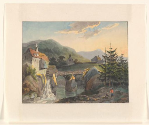 Mountain landscape with a watermill and bridge over a river