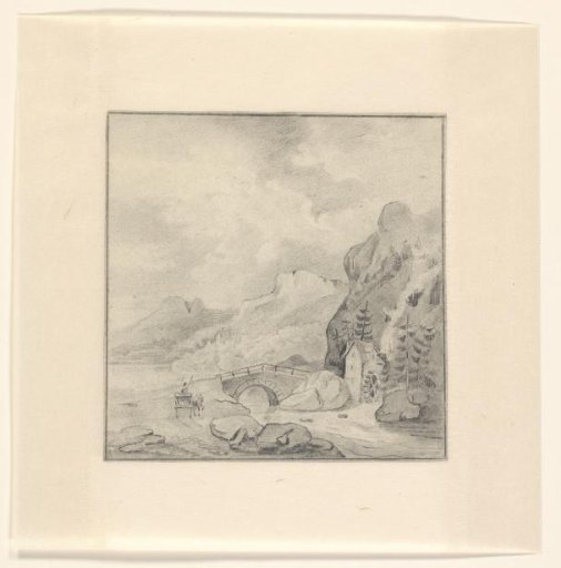 Mountain landscape with watermill and stone bridge