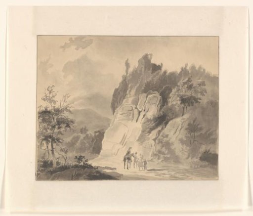 Travellers by a rock wall in a mountain landscape